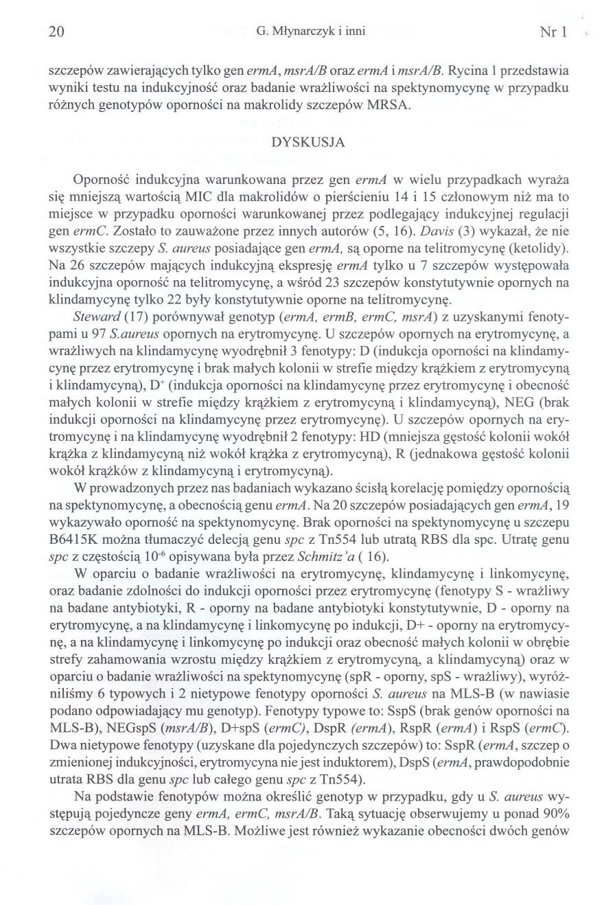 20 G. Mlynarczyk i inni NrI szczepów zawierajacych tylko gen erma, msra/b oraz erma i msra/b.