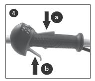 4. Wciśnij i przytrzymaj przycisk bezpieczeństwa (a) (blokada dźwgni gazu), a następnie wciśnij i przytrzymaj dźwignie gazu (b). 5.
