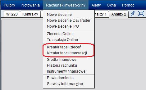 Dzięki kreatorom można stworzyć spersonalizowane tabele pozwalające na podgląd aktualnie złożonych zleceń i wykonanych transakcji bezpośrednio z poziomu notowań epromak Professional.