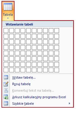 Tworzenie tabel 7 Wstawianie tabel odbywa się poprzez: Karta Wstawianie grupa Tabele Tabela, po ukazaniu się okna: - Wstawianie tabeli - zaznaczamy ilość kolumn i wierszy.