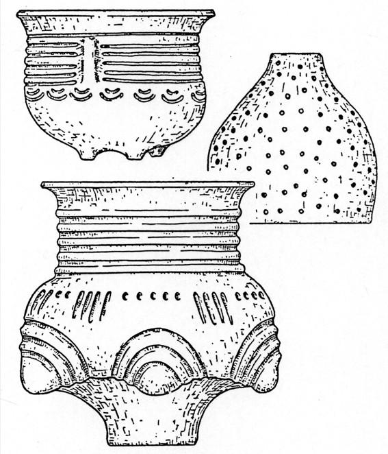EPOKA BRĄZU Ceramika kultury trzcinieckiej naczynia smukłe o esowatym profilu, pucharki na pustych nóżkach, kubki