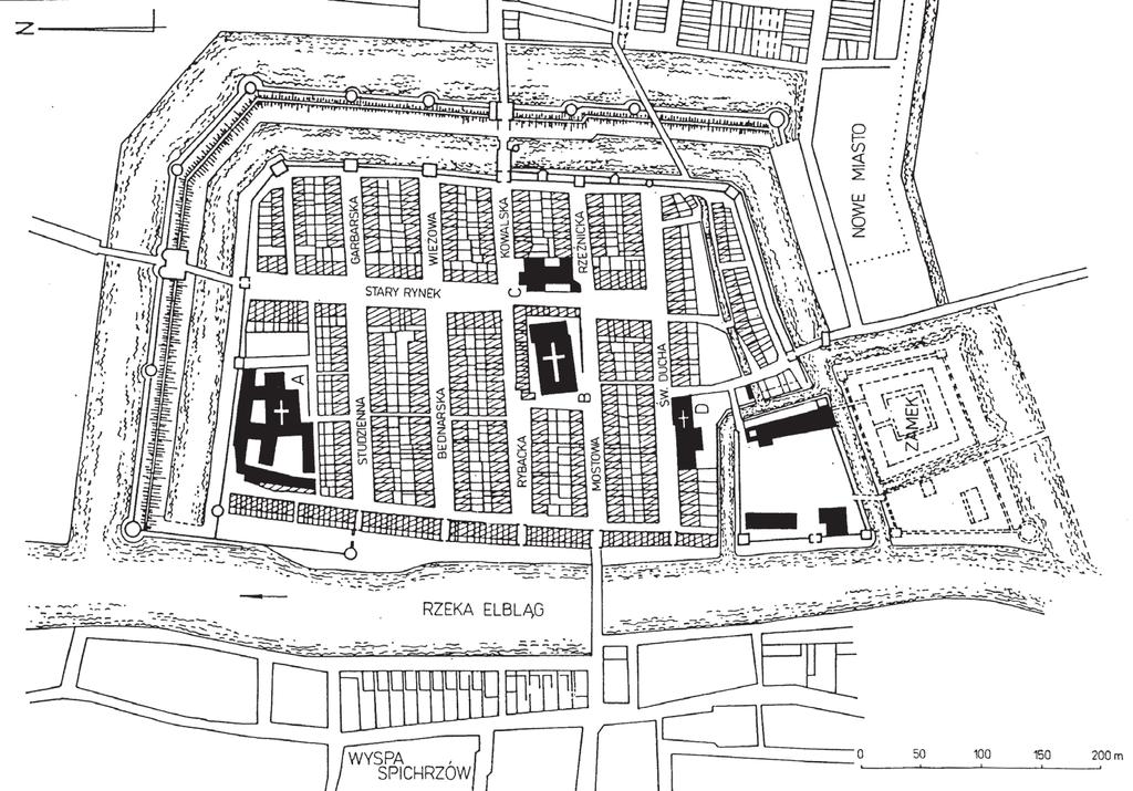 82 Grażyna Nawrolska Ryc. 2. Elbląg Stare Miasto. Plan miasta z XIV XV wieku: A kompleks klasztoru Dominikanów; B kościół św.
