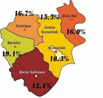 1.2. BEZROBOCIE W UKŁADZIE ADMINISTRACYJNYM Struktura przestrzenna bezrobocia udział gmin w liczbie bezrobotnych: Wyszczególnienie Rok 2014 I kwartał II kwartał III kwartał IV kwartał Miasto