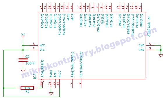 Rysunek 3 Minimalne podłączenie zasilania procesora ATMEGA8