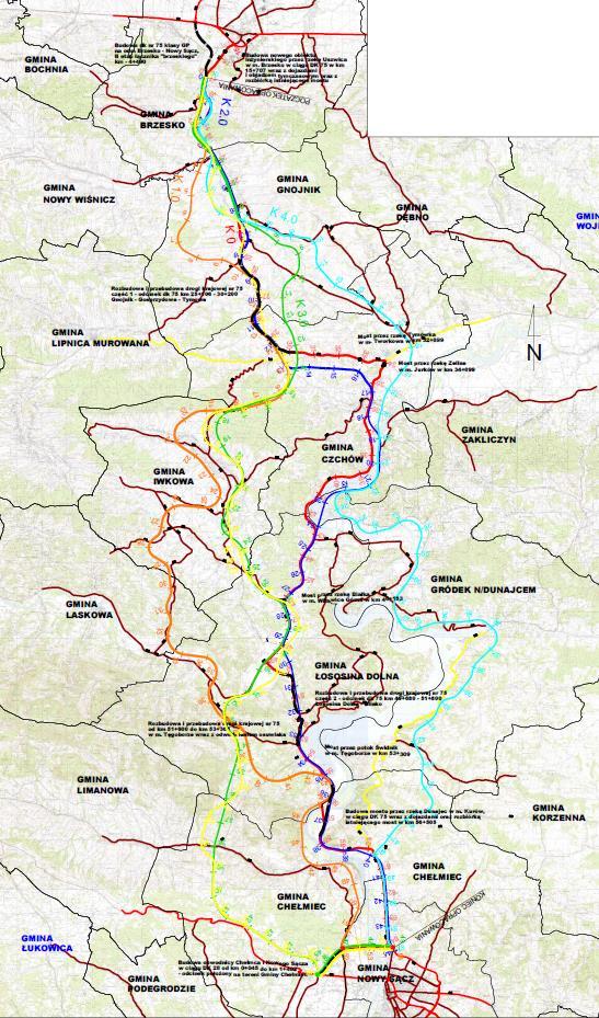 LOKALIZACJA PRZEBIEGÓW K0 Czerwony - WARIANT BEZINWESTYCYJNY - z uwzględnieniem działań utrzymaniowych i BRD (6 gmin) WARIANTY INWESTYCYJNE K1 Pomarańczowy (8