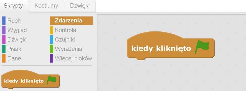 Nasze sterowanie duszkiem zaczniemy od naciśnięcia zielonej flagi, znajdziemy ją w Zdarzeniach: Metodą klikam-trzymam-ciągnę przeciągamy klocek (blok) na obszar skryptów: Zastanówmy się, które z