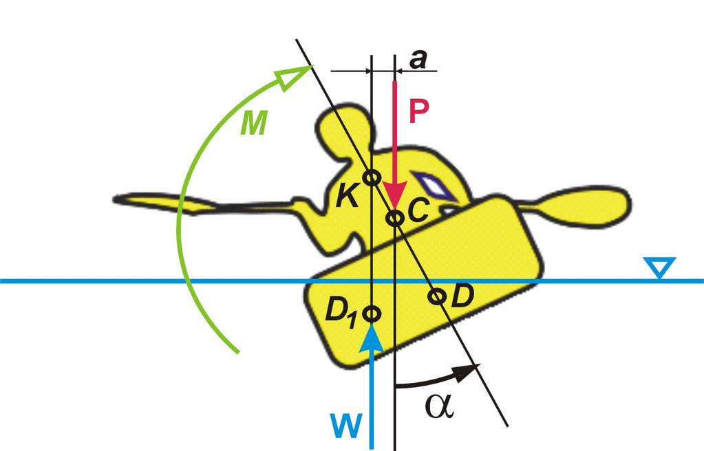 Problem nieco skomplikuje się jeśli założymy przechył kajaka 2. Sytuację taką przedstawiono na rysunku 4. Rys. 4. Ciężar i wypór przy przechyle kajaka.
