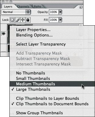 Opcje palety Layers (Warstwy) Opcje wyświetlania miniatur w palecie Layers (Warstwy) Kliknij prawym przyciskiem myszy (przytrzymując klawisz Control) miniaturę dowolnej warstwy i wykonaj jedną z