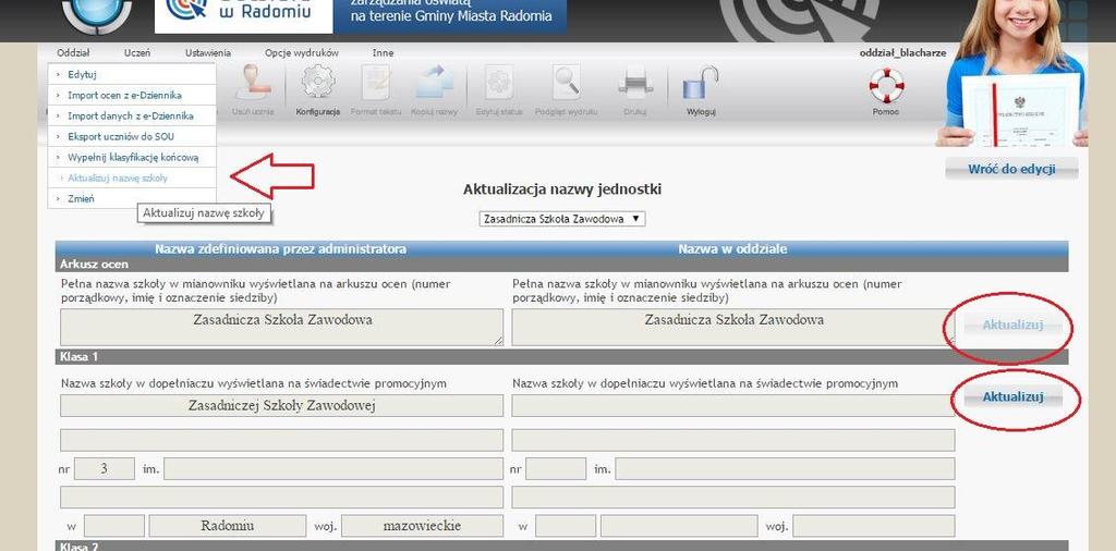 Aktualizacja Nazwy szkoły Krok 18 Klikamy Oddział