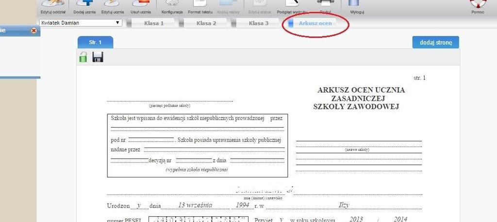 Wzór arkusza, oraz Zestaw wzorów świadectw Krok 9