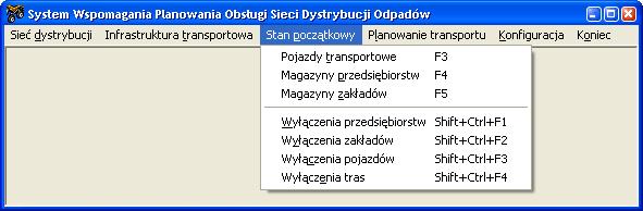 Widok menu Sieć dystrybucji Infrastruktura transportowa: menu, z którego dostępne są funkcje umożliwiające wprowadzenie tras i pojazdów
