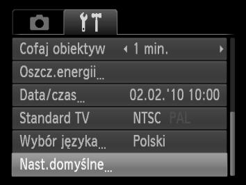 Przywracanie domyślnych ustawień aparatu W przypadku zmiany ustawienia przez pomyłkę można przywrócić ustawienia domyślne aparatu. Wyświetl menu. Naciśnij przycisk n. Wybierz opcję [Nast. domyślne].