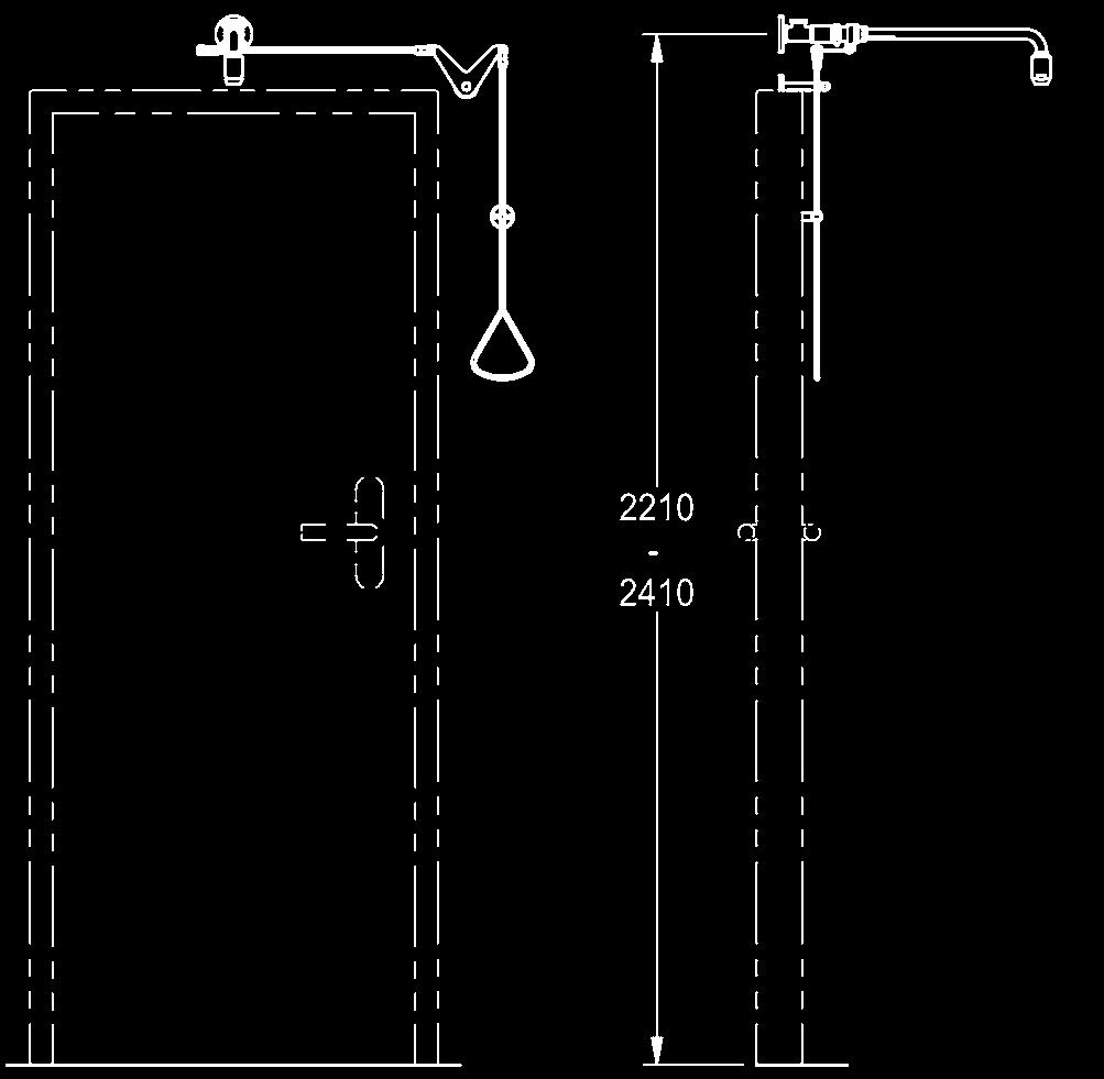 Zawór z wysięgnikiem naściennym i głowicą natryskową montowany nad drzwiami na ich osi środkowej. Zabezpieczenie przed samoczynnym wyłączeniem wody: wyłączenie przez przesunięcie cięgła ku górze.