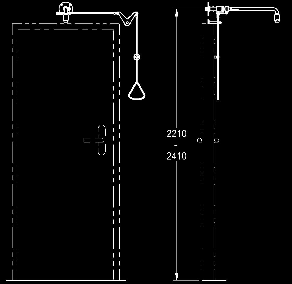 Zawór z wysięgnikiem naściennym i głowicą natryskową montowany nad drzwiami na ich osi środkowej. Zabezpieczenie przed samoczynnym wyłączeniem wody: wyłączenie przez przesunięcie cięgła ku górze.
