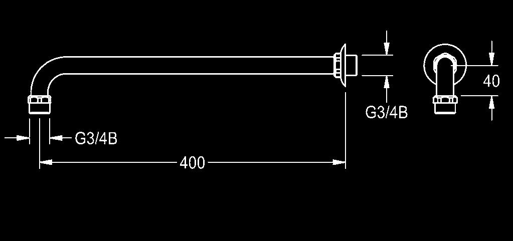 przy ciśnieniu roboczym 3 bary Przyłącze wody: G 3/4 B Wysięgnik ścienny z rozetą Przeznaczony do głowicy