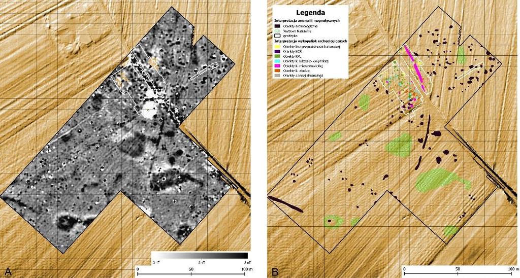 Metody geofizyczne w archeologii polskiej 2016 116 Pięć grobów wchodzących w skład zachodniego pola grzebalnego cmentarzyska kultury lubelsko-wołyńskiej zarysowało się na planie wykonanym przez Ł.