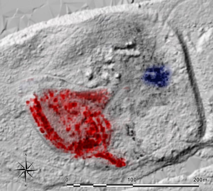 Metody geofizyczne w archeologii polskiej 2016 33 Ryc. 1. Santok, stan. 1.Wczesnośredniowieczne grodzisko, wyniki badań georadarowych. Kolorem czerwonym znaczono obwałowania poziom głęb.