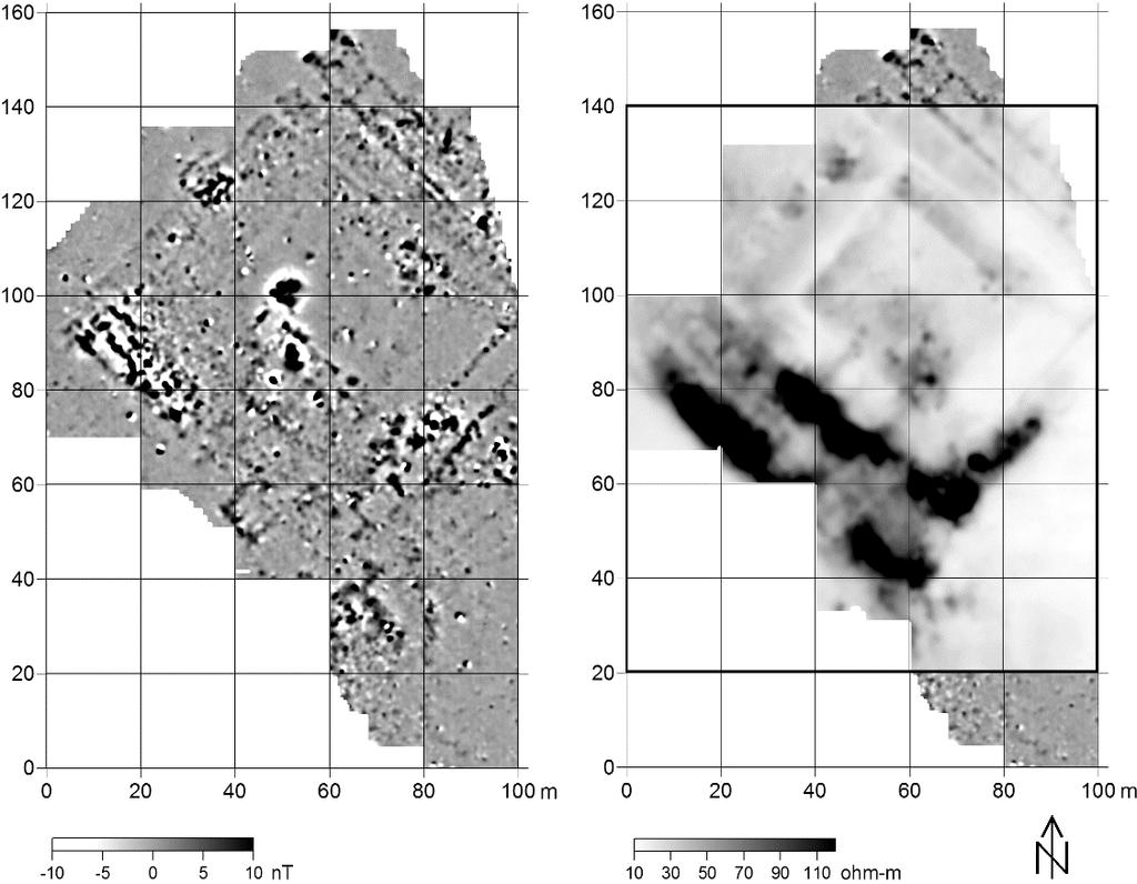 Metody geofizyczne w archeologii polskiej 2016 7 oraz w części centralnej, pomiary magnetyczne ujawniają istnienie struktur wysoko namagnetyzowanych, które można również łączyć z reliktami zabudowy.