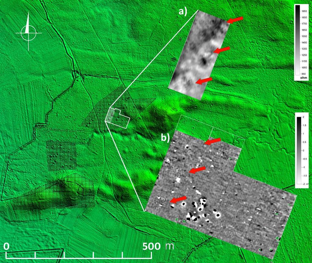 Mapa magnetyczna, gradientometr transduktorowy Geoscan Research FM256, Gęstość próbkowania 0,5 x 0,25m, interpolowana do 0,25 x 0,25m.