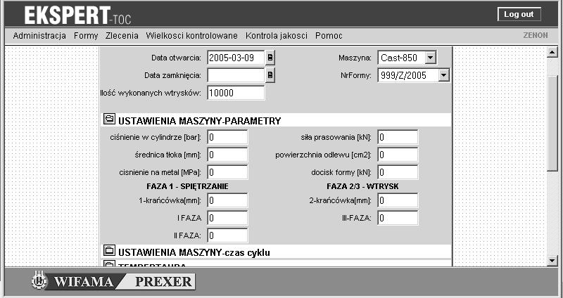 Zlecenie szczegółowe zawiera również datę otwarcia i zamknięcia zlecenia szczegółowego, a ponadto identyfikator maszyny ciśnieniowej oraz formy.