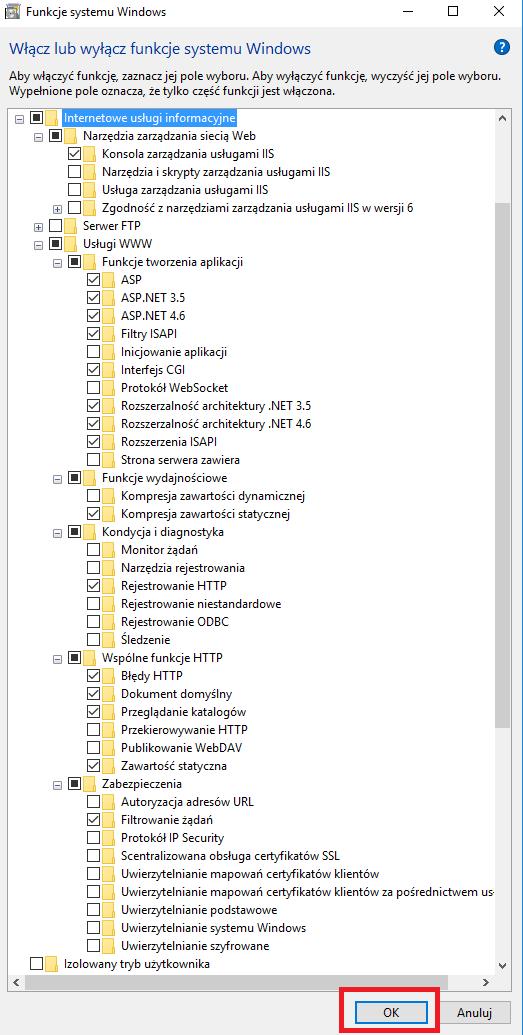 Ze wskazanej listy funkcji systemu Windows, zaznacz opcję Internetowe usługi informacyjne z uwzględnieniem wszystkich komponentów, które są przedstawione na