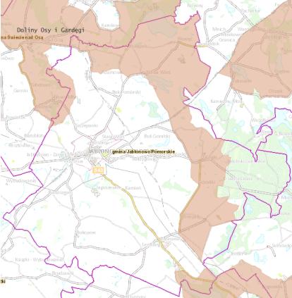 Mapa 7. Lokalizacja obszarów chronionego krajobrazu na terenie Miasta i Gminy Jabłonowo Pomorskie.