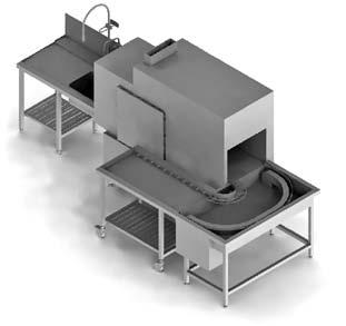 550 mm Strefa załadunku: stół dostawczy ze zlewozmywakiem i wahadłowym natryskiem wężem, miejsce na dwa kosze Strefa odbioru: odprowadzający przenośnik narożny 180, odchylany wylotowy przenośnik