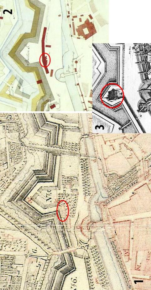 Ryc. 2. Kościół św. Wawrzyńca na mapach archiwalnych: 1 na mapie Torunia z 1793 r., 2 na mapie projektowej modernizacji Twierdzy Toruń z 1818 r. 3 na planie Mateusza Meriana z połowy XVII w.