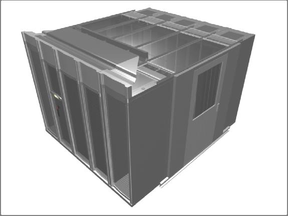Powietrze o neutralnej temperaturze otoczenia powraca do pomieszczenia Zintegrowany system doprowadzania zasilania do szaf (opcjonalny zasilacz UPS) Rysunek 7 Przykład modułowego systemu zasilania i