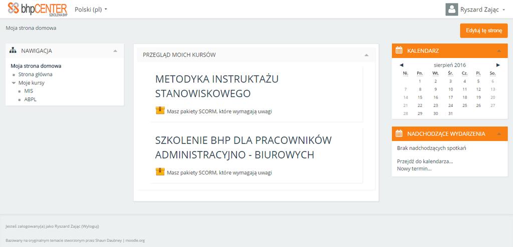 4. Uruchamianie szkolenia. Po zalogowaniu system przeniesie Cię na stronę główną szkolenia.