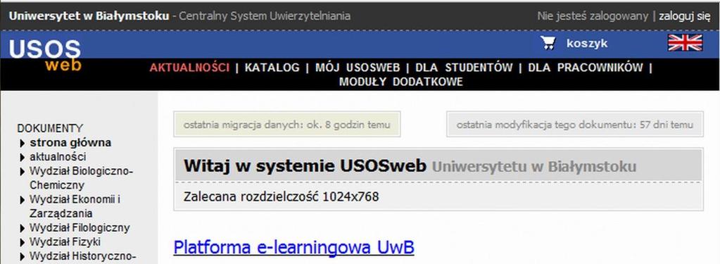 otwiera się strona: Witaj w systemie USOSweb Uniwersytetu w Białymstoku Na czarnym pasku