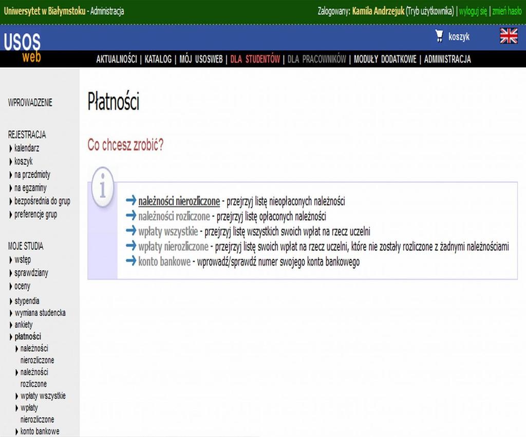 Po rozwinięciu menu: płatności wybieramy w otwartym oknie (lub na jego szarym marginesie) aktywny przycisk: należności nierozliczone (zaznaczony na rysunku czerwoną linią).