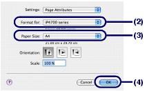 Drukowanie dokumentów (Macintosh) Strona 21 z 455 drukarki. (3) Wybierz rozmiar załadowanego papieru w polu Paper Size. W tym przykładzie wybrano ustawienie A4. (4) Kliknij przycisk OK. 6.