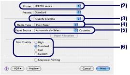 (2) Upewnij się, że w polu Drukarka (Printer) wybrano poprawną nazwę drukarki. (3) Z menu rozwijanego wybierz polecenie Quality & Media. (4) Wybierz typ załadowanego papieru w polu Media Type.