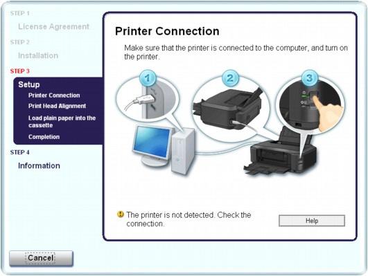 Nie można zainstalować sterownika drukarki Strona 376 z 455 Jeśli nie możesz przejść za ekran Podłączenie drukarki (Printer Connection), upewnij się, że kabel USB jest dobrze podłączony do gniazda