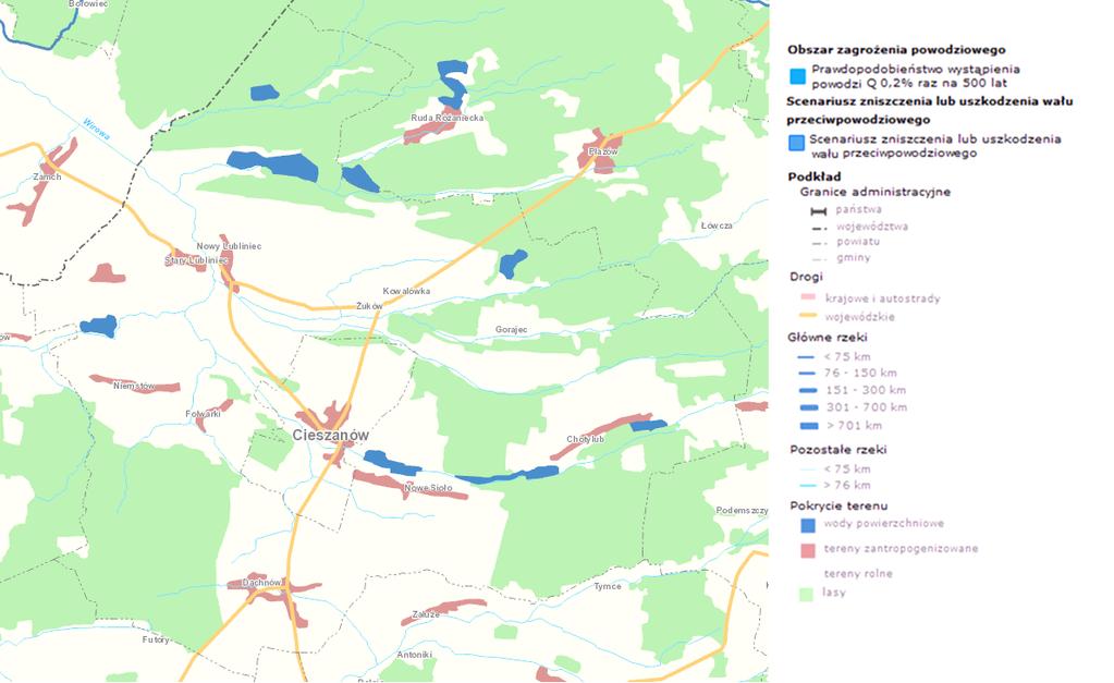 Mapa 8 Obszar zagrożenia powodziowego na terenie Gminy Cieszanów Źródło: Hydroportal Krajowego Zarządu Gospodarki Wodnej, kzgw.gov.