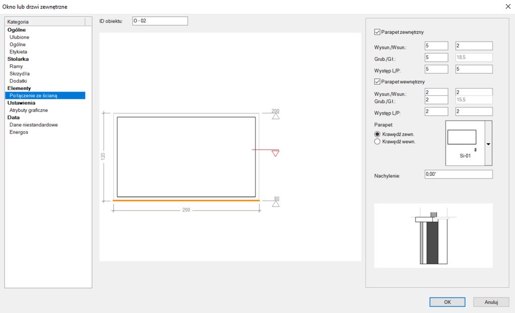 Klikamy w linię parapetu (podświetlona poniżej na pomarańczowo). Po zaznaczeniu linii po prawej stronie pojawiają się parametry przypisane do danego elementu okiennego.