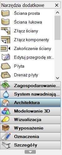 Paleta narzędzi dodatkowych obejmuje różne rodzaje narzędzi, podzielone na kategorie: Architektura, Zagospodarowanie terenu, System