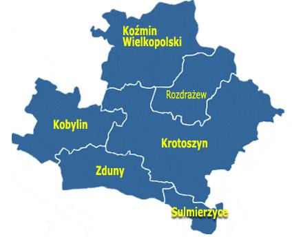 Rysunek 2 Powiat krotoszyński (źródło: www.gminy.pl) Administracyjnie powiat obejmuje 5 gmin miejsko-wiejskich: Krotoszyn, Kobylin, Koźmin Wlkp., Sulmierzyce, Zduny oraz 1 gminę wiejską RozdraŜew.