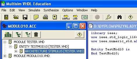 - 122 - Po dwukrotnym naciśnięciu lewego przycisku myszki, na otwartym module, ukaŝe się pole edycyjne (4). 1 2 4 3 Rys. 1. Menu główne programu Multisim VHDL Education Pasek menu zawiera następujące zakładki: File, Edit, View, Simulate, Synthesize, Options, Window, Help.