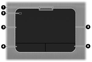 Część górna Płytka dotykowa TouchPad Element (1) Wskaźnik wyłączenia płytki dotykowej TouchPad (2) Przycisk włączania/wyłączania płytki dotykowej TouchPad Opis Świeci: płytka dotykowa TouchPad jest