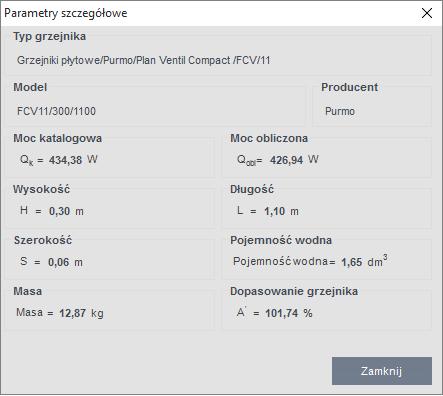 Znane z obliczeń w module Dobór grzejników parametry dobranych grzejników (wymiary, moce, typoszereg), ogrzewania podłogowego (rozstaw, średnica rur) czy nagrzewnic wystarczy wpisać we właściwości