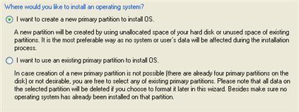 systemu operacyjnego, tzn. utworzenie nowej partycji podstawowej dla nowego systemu operacyjnego lub użycie już istniejącej.