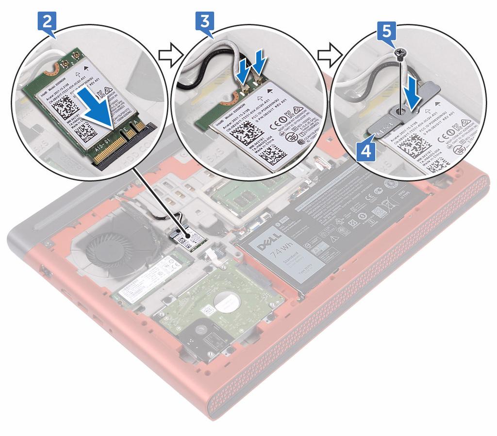 5 Wkręć śrubę (M2x3) mocującą wspornik karty sieci bezprzewodowej do karty sieci