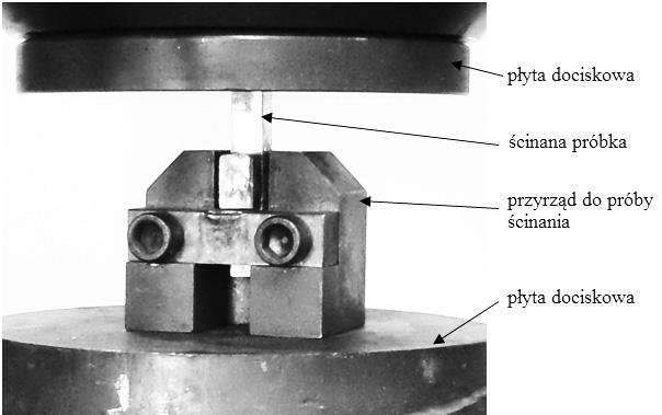 Na rysunku 7 pokazano szczegóły techniczne procesu ścinania połączenia lutowanego w przyrządzie, między płytami dociskowymi maszyny wytrzymałościowej. Rys. 7. Statyczna próba ścinania połączeń lutowanych kompozyt grafitowy aluminium Fig.