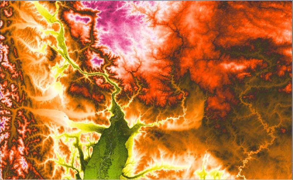 Zobrazowanie danych SRTM3 (macierz rzędnych terenu): dobór dostatecznie szerokiej i