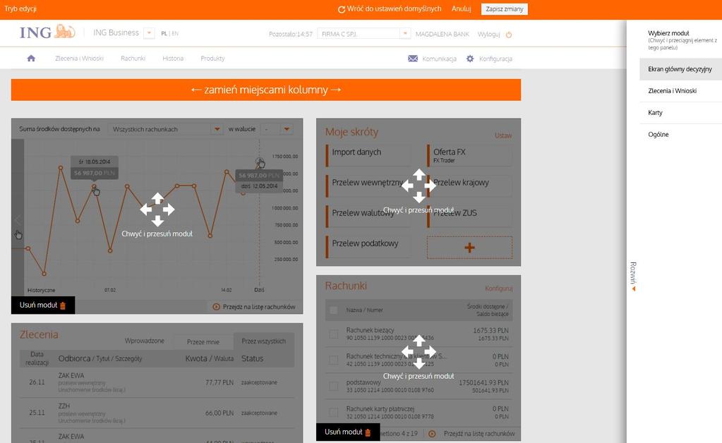 A. TRYB EDYCJI JAK ZACZĄĆ ZMIANY Zaloguj się do systemu ING Business. Kliknij w link Edytuj układ widoczny w lewej dolnej części ekranu głównego. Zobaczysz swój ekran główny w trybie edycji: B.