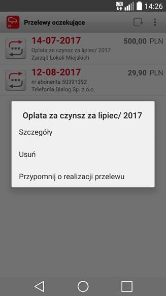 przesłanie numeru konta SMS-em, modyfikacja przelewu zdefiniowanego, spłata karty kredytowej czy ustawienie w kalendarzu telefonu przypomnienia o realizacji przelewu z datą przyszłą.