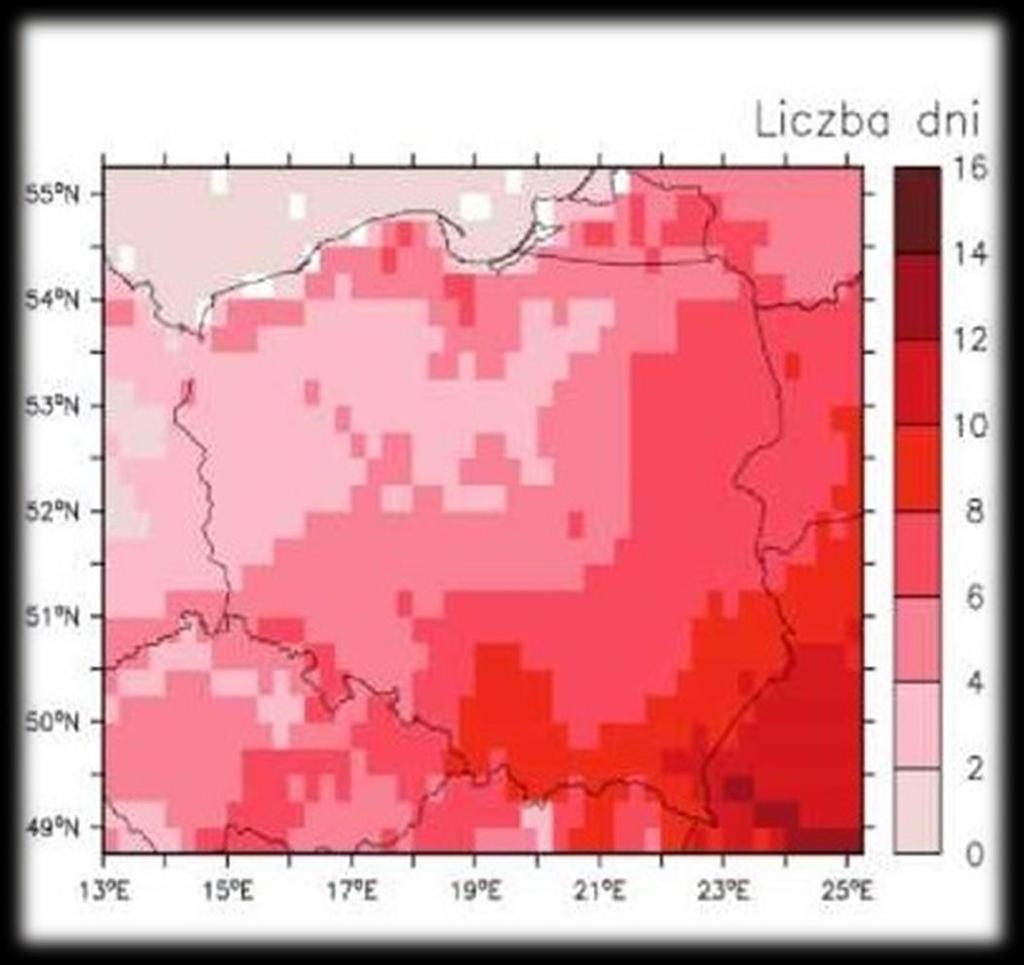 Zmiany klimatu Przyrost liczby dni z temperaturą maksymalną większą niż