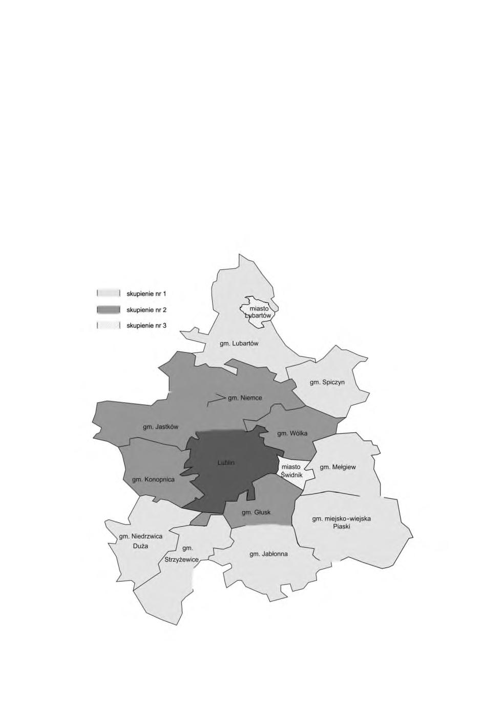 Możliwości wykorzystania statystycznych metod klasyfikacji danych w badaniach 147 skupienie nr 2 - saldo migracji dodatnie, względnie niski napływ ludności z Lublina,